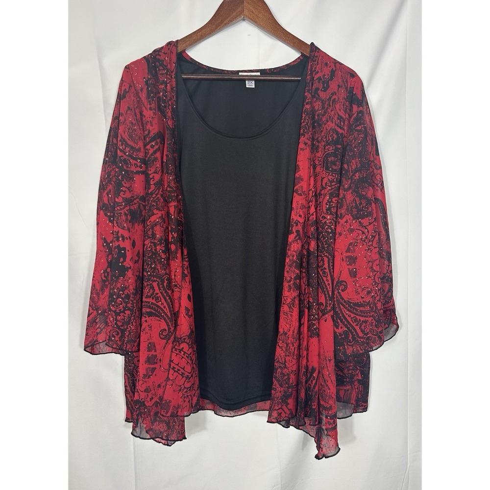 Rebecca Malone Womens Floral Red Black Holiday‎ Party Top Sparkle Flowy Size 2X